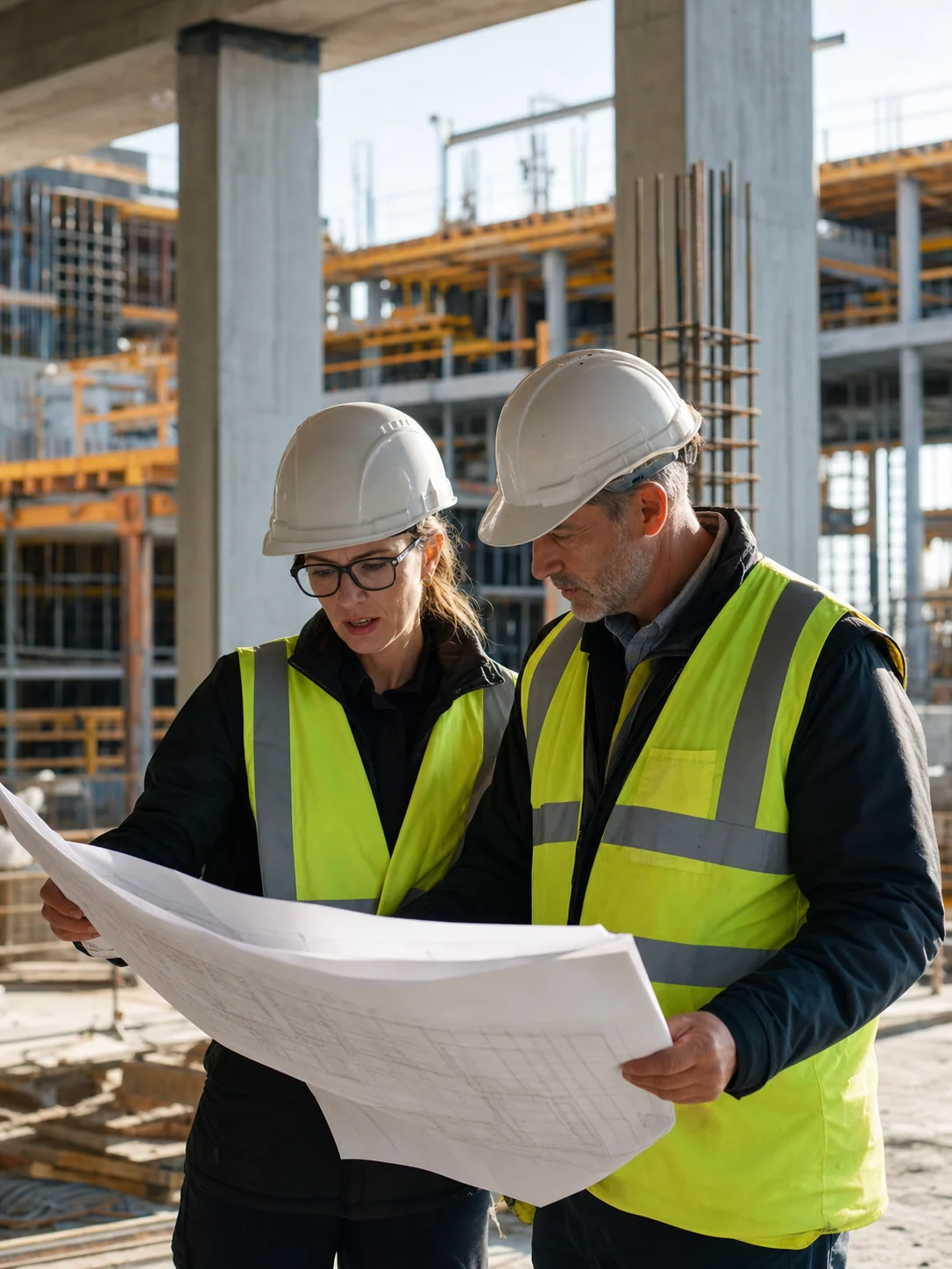 Construction leaders reviewing plans on site